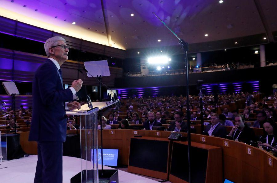 Apple CEO Tim Cook delivers a keynote during the European Union’s privacy conference at the EU Parliament in Brussels