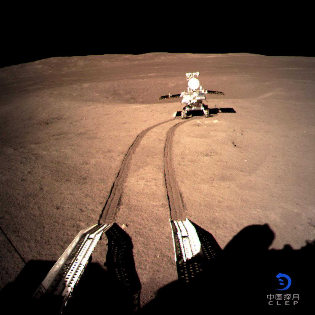China’s lunar rover Yutu-2 or Jade Rabbit 2 rolling onto the far side of the moon taken by the Chang’e-4 lunar probe is seen in this image provided by China National Space Administration