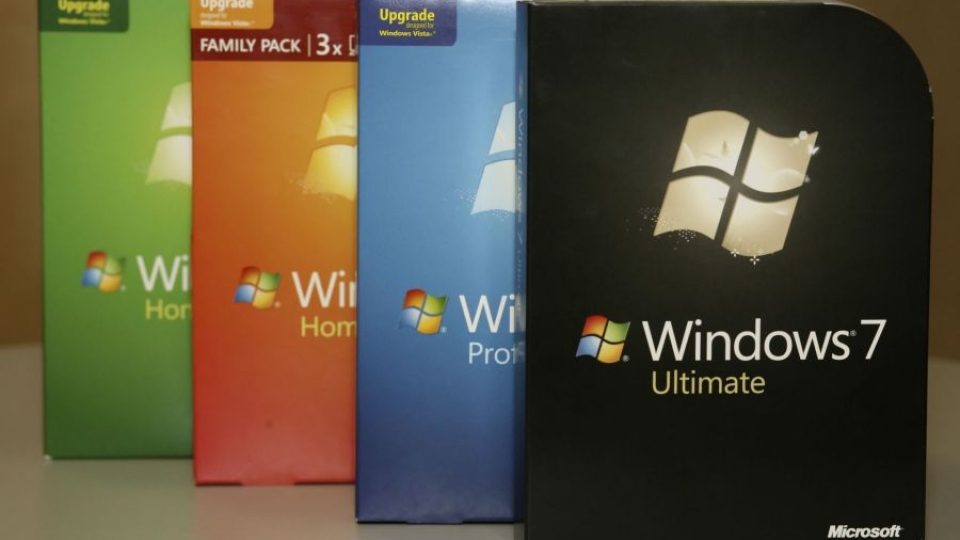 Copies of Microsoft Windows 7 are displayed in Redmond, Washington
